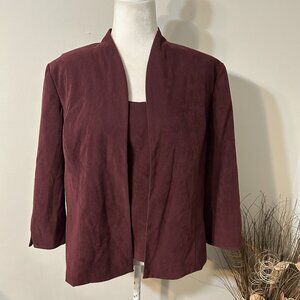 Jessica Howard Women 2Pc Open Jacket & Tank Top Faux Suede Lined Burgundy Sz 16